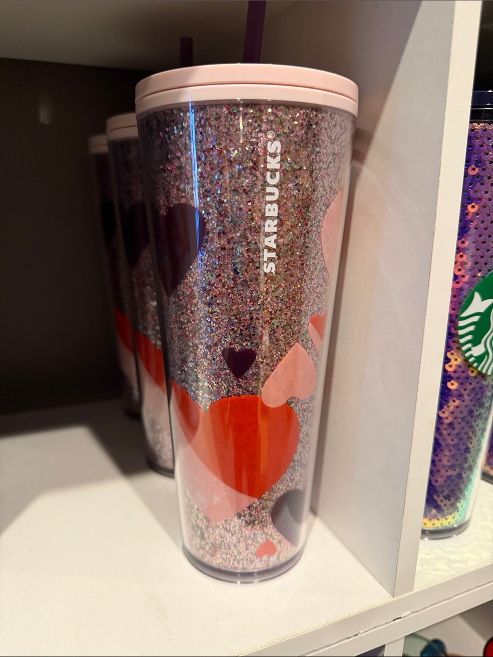 Starbucks Pink Lid Glitter Heart Tumbler with Red and Purple Accents
